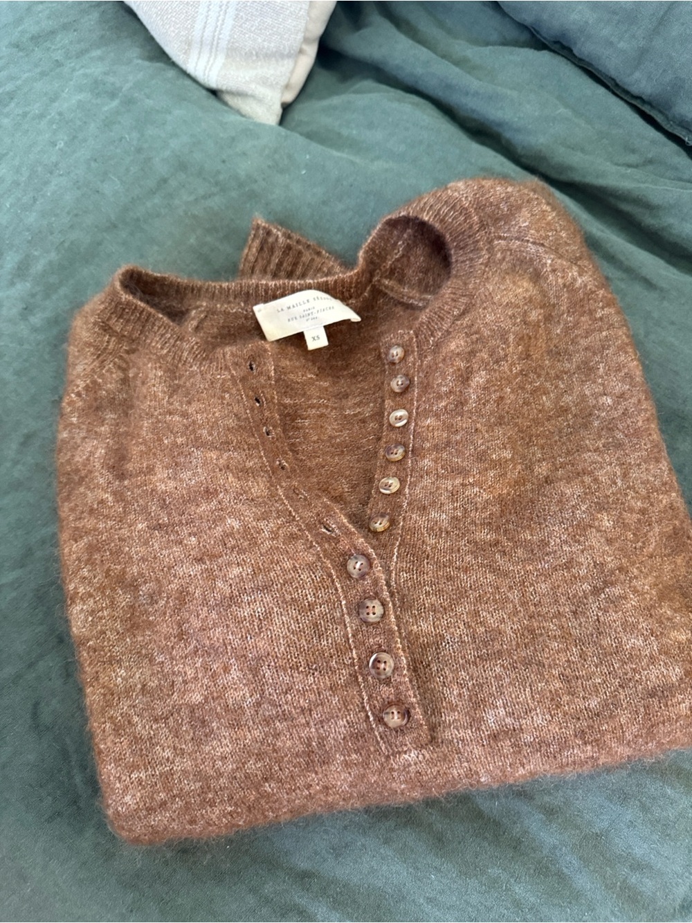 Sezane Brown Henley-Neck Fuzzy Sweater